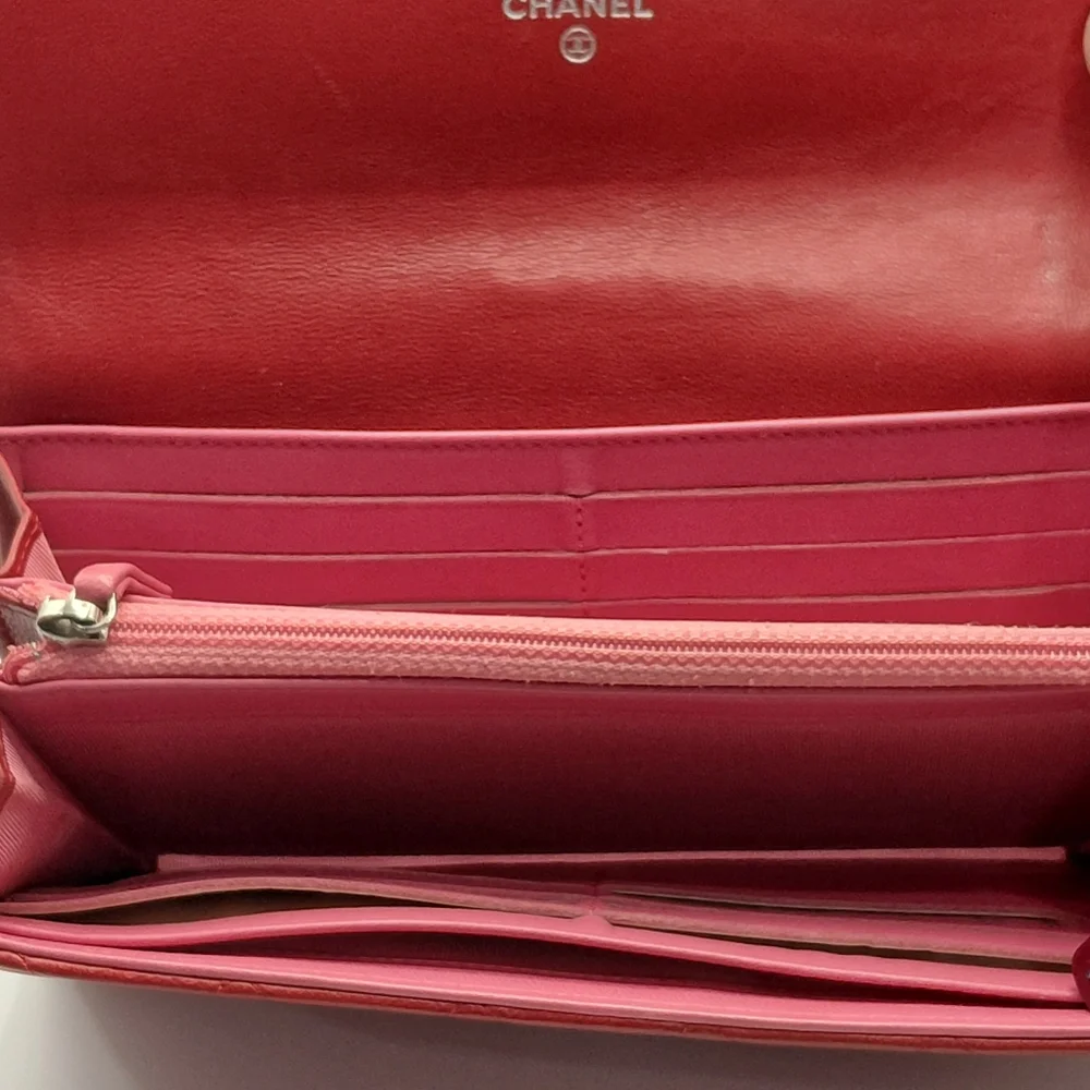 CHANEL Red Pink Quilted Matelasse Lambskin Long Wallet